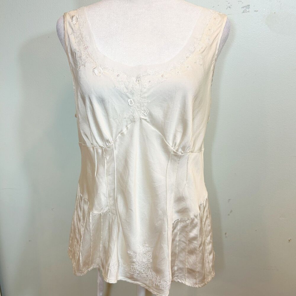 Tribal 100% Silk Off White Embroidered Cami Top Size 12 Fairy Boho Y2K Wedding